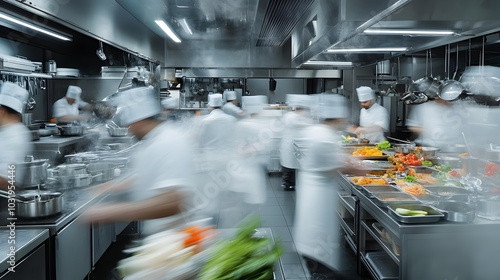 Blurred Motion of Chefs at Work in a Commercial Kitchen
