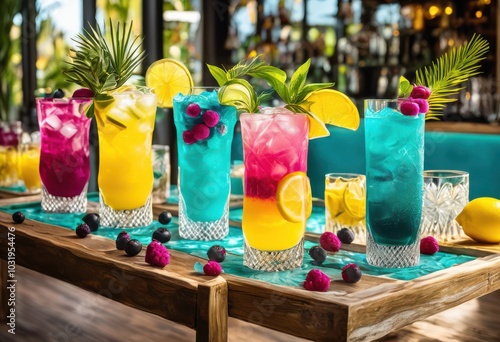 vibrant iced beverage display artistic glassware featuring vivid colors unique arrangements, drink, cocktail, mocktail, colorful, tropical, fresh