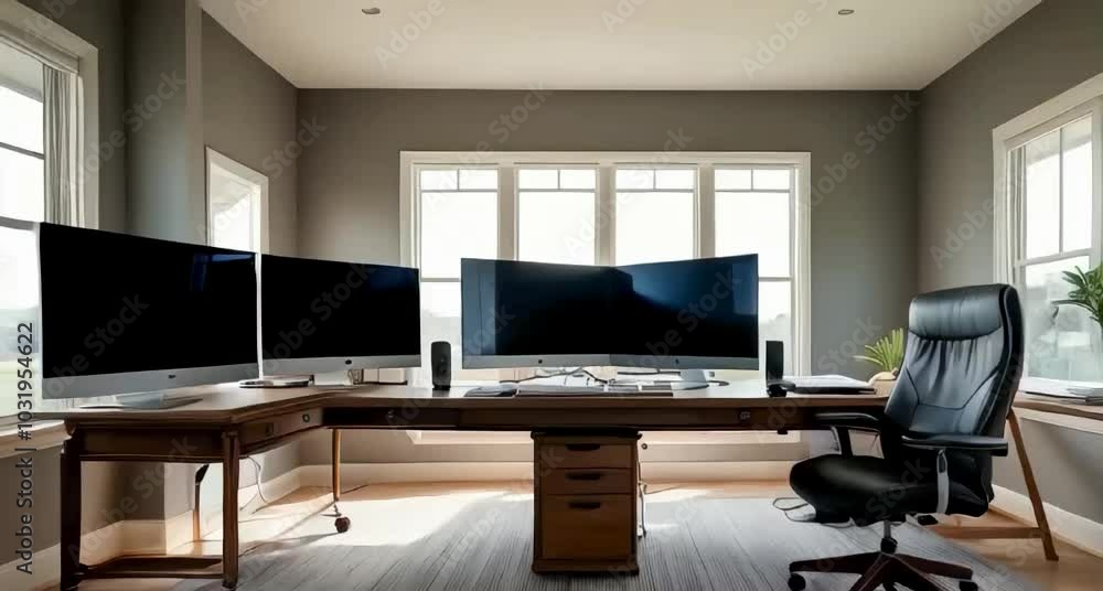 A spacious home office with a large monitor, keyboard, and comfortable swivel chair, optimized for long hours of work A spacious home office with a large monitor, keyboard, and comfortable swivel chair, optimized for long hours of work