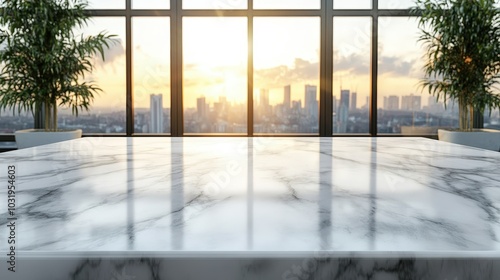 Modern Table with Sunset View from High Rise Window