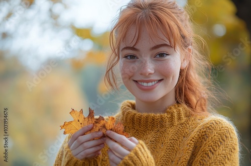 A red haired woman holding a yellow leaf in a vibrant autumn park on a sunny day