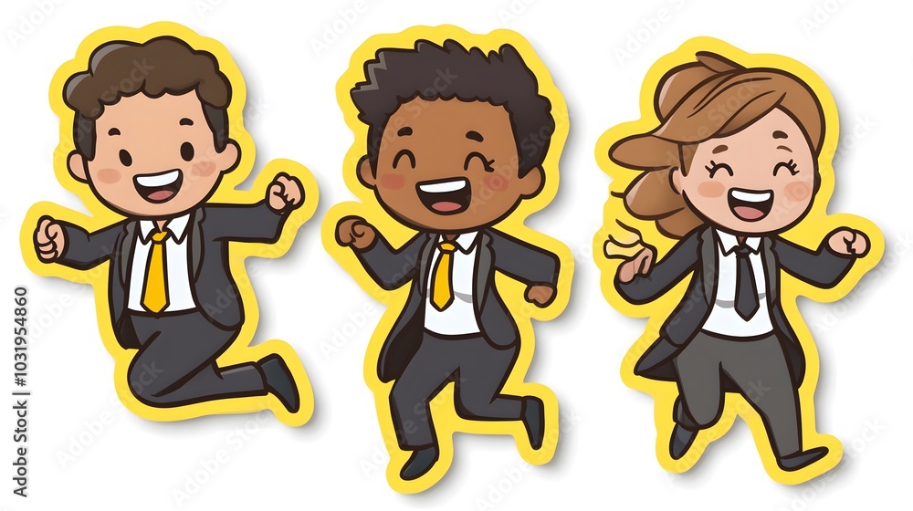 A cartoon sticker of three office workers, one male and two females, all wearing business attire and smiling while running with excitement A cartoon sticker of three office workers, one male and two females, all wearing business attire and smiling while running with excitement