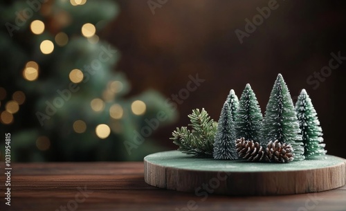 Miniature evergreen forest with pinecones on a wooden base surrounded by soft...