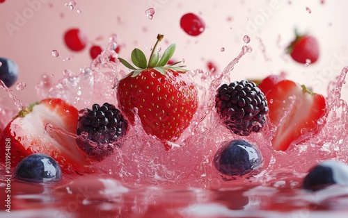 Fresh red berries splash in vibrant juice, capturing the essence of summer de...