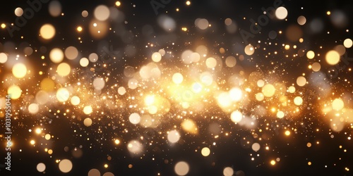 Glowing golden bokeh lights on a dark background, concept of festive celebration and elegant design.