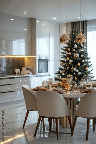Elegant dining area with festive Christmas tree and modern kitchen decor duri...