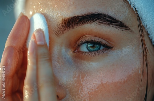 A young woman applies toner to her skin using a cotton pad in natural light a...