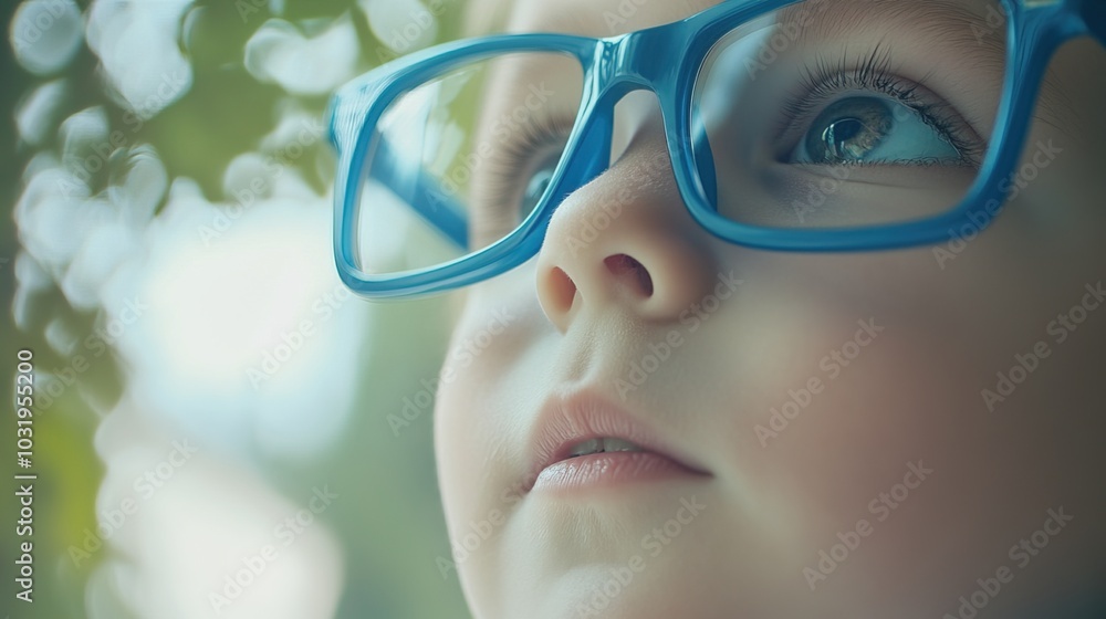 Young child wearing blue glasses focusing on distant tree outside window, symbolizing myopia prevention and importance of outdoor activities.