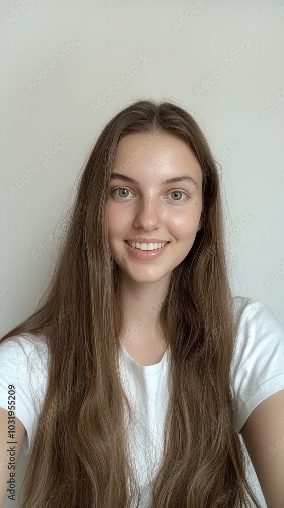 Capturing a joyful smile of a young woman with long hair against a subtle backdrop Capturing a joyful smile of a young woman with long hair against a subtle backdrop