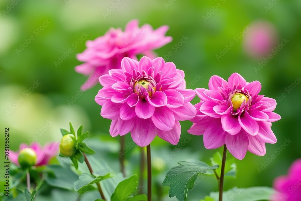 Vibrant pink dahlias blooming in a lush garden under soft sunlight in springtime Vibrant pink dahlias blooming in a lush garden under soft sunlight in springtime