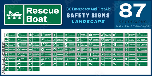 87 set iso emergency and first aid safety signs v37_rescue boat_landscape size 1/2 a4,a3,a2,a1	
