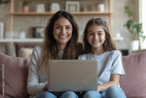 Family digital leisure. Cheerful latin mother and daughter using laptop engaging in fun online activities, surfing internet or video calling sitting on sofa at home, free, Generative AI