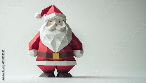 Polygonal Santa Claus sculpture in red and white against a minimalistic backg...