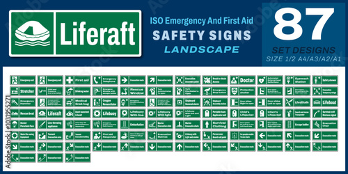 87 set iso emergency and first aid safety signs v38_liferaft_landscape size 1/2 a4,a3,a2,a1	
