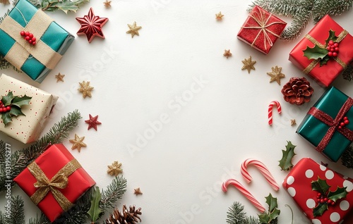 Colorful holiday gift boxes arranged with festive decorations on a light back...