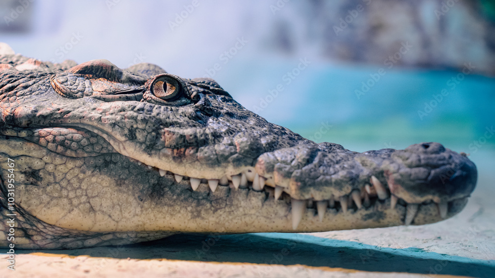 Obraz premium crocodile head with toothy mouth and green eye closeup