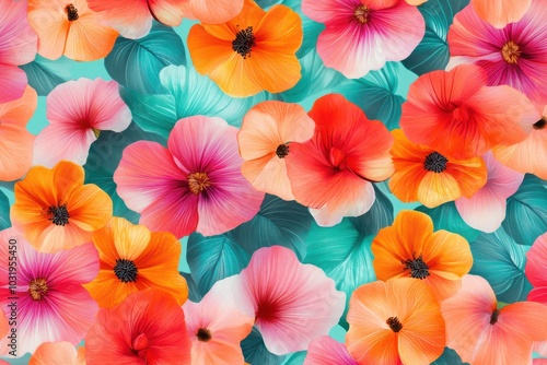 Seamless pattern of colorful flowers in full bloom, perfect for vibrant and cheerful designs.