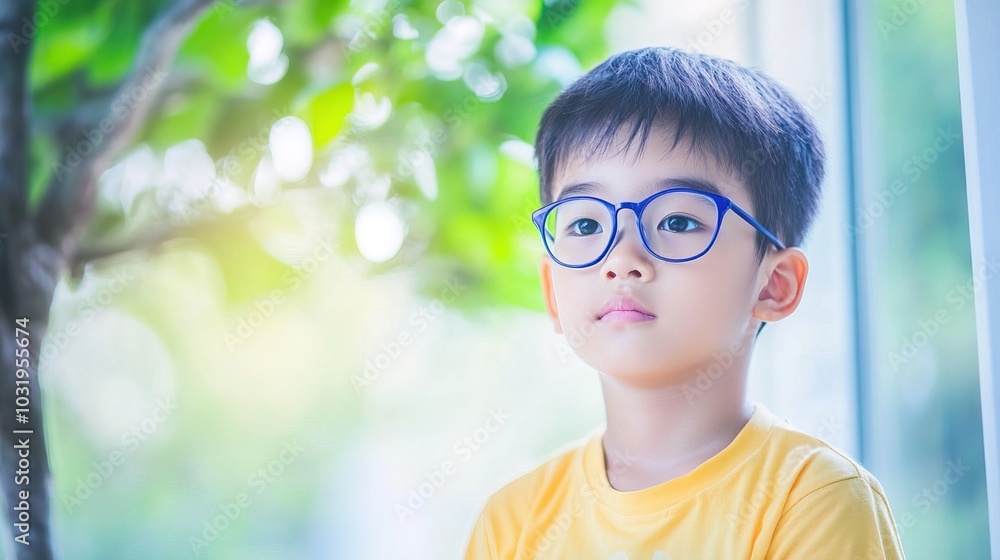 Young child wearing blue glasses focusing on distant tree outside window, symbolizing myopia prevention and importance of outdoor activities. Young child wearing blue glasses focusing on distant tree outside window, symbolizing myopia prevention and importance of outdoor activities.
