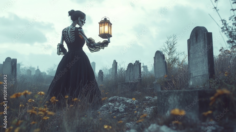 Woman in Skeleton Costume Holding Lantern in Graveyard Woman in Skeleton Costume Holding Lantern in Graveyard