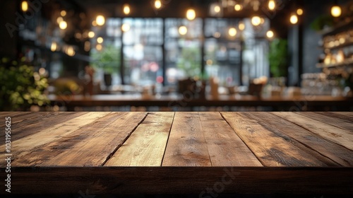 Rustic Wooden Table in Cozy Cafe Setting