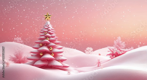 Miniature Christmas tree with gold star on pastel pink snow covered landscape...