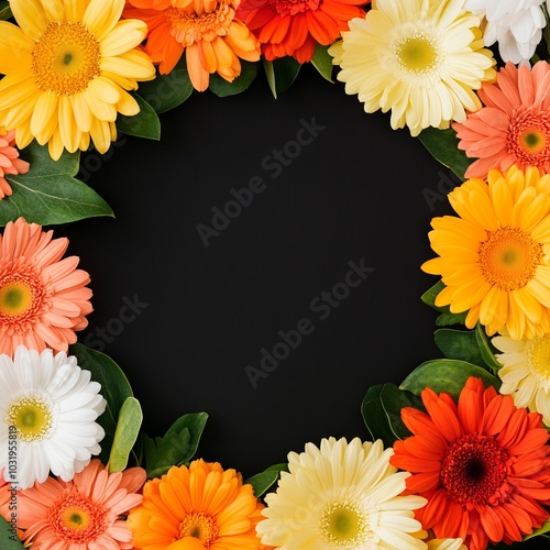 A floral frame featuring vibrant daisies in various colors on a black background.