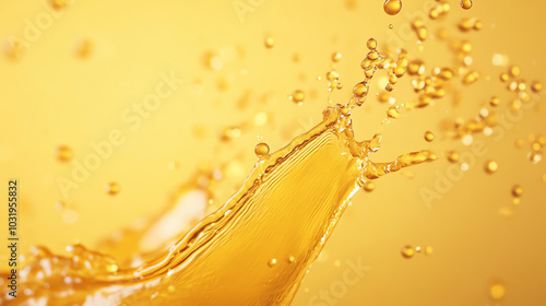 Dynamic splash of yellow liquid, droplets flying in the air, creating an energetic and refreshing visual effect.