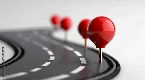 3D Road with Red Pins on White Background as Pathway with Map Pin Marker photo