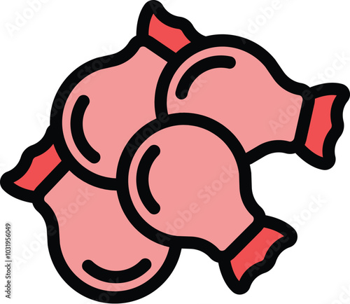 Cartoon style icon of three pink chicken legs with bones lying close to each other, for food app or restaurant menu