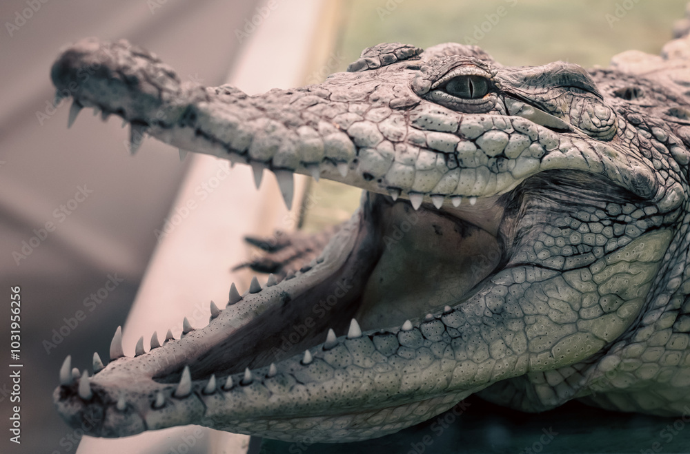 Obraz premium crocodile head isolated close up on a green background