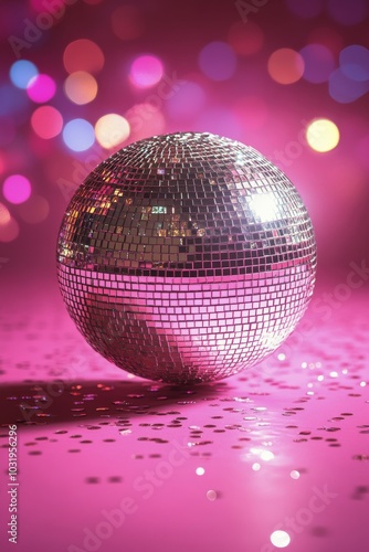 Shimmering disco ball on a vibrant pink background with sparkling lights in t...