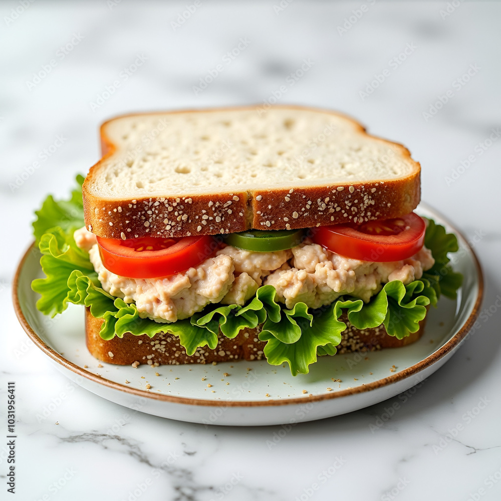 Obraz premium Healthy Tuna Sandwich with Fresh Vegetables on Luxurious Plate