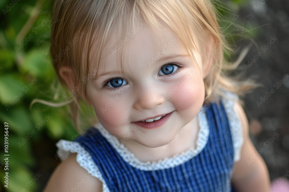 Bright-eyed toddler smiling joyfully amidst lush greenery in the early evening light Bright-eyed toddler smiling joyfully amidst lush greenery in the early evening light