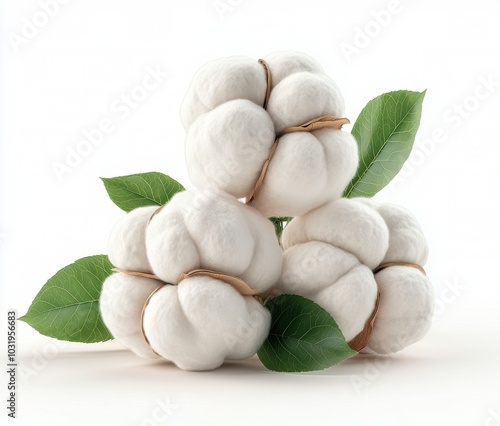 Cotton bolls and green leaves arranged on a white background for a fresh, nat...