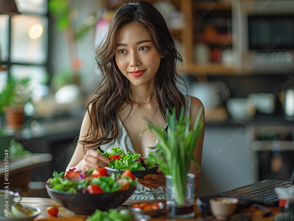 A woman prepares a fresh salad in a cozy kitchen setting. A woman prepares a fresh salad in a cozy kitchen setting.