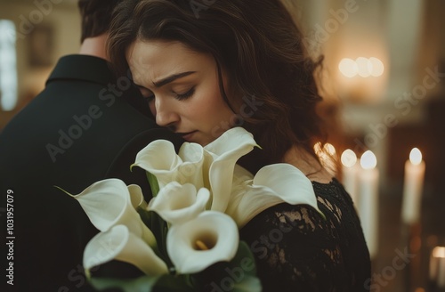 A couple embraces in a dimly lit room decorated with candles and fresh calla ...