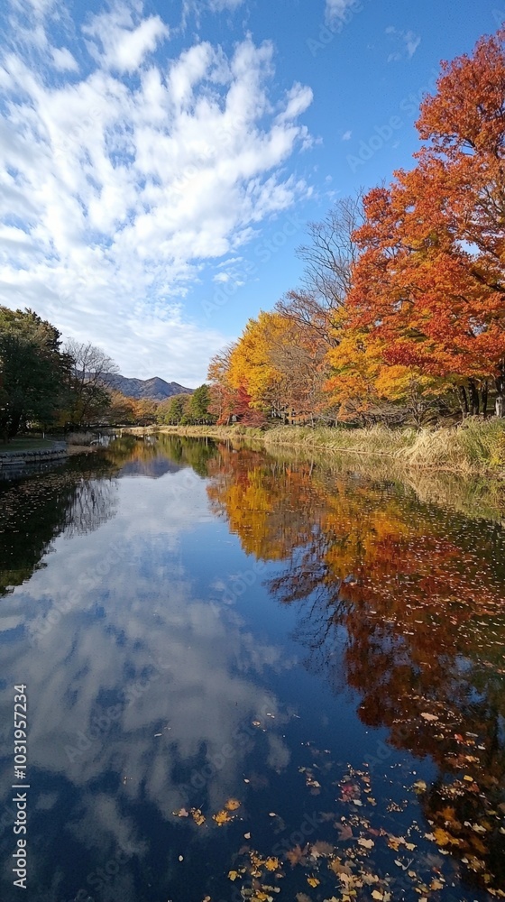 Autumn colors reflecting on a tranquil river under a bright blue sky in the countryside Autumn colors reflecting on a tranquil river under a bright blue sky in the countryside
