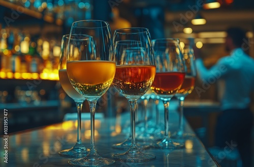 Elegant wine tasting featuring an array of glasses in a sophisticated bar set...