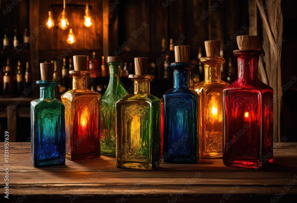 vibrantly colored bottles displayed rustic wooden table pub setting warm lighting, decoration, drink, sunlight, texture, interior, design, ambiance, shine vibrantly colored bottles displayed rustic wooden table pub setting warm lighting, decoration, drink, sunlight, texture, interior, design, ambiance, shine