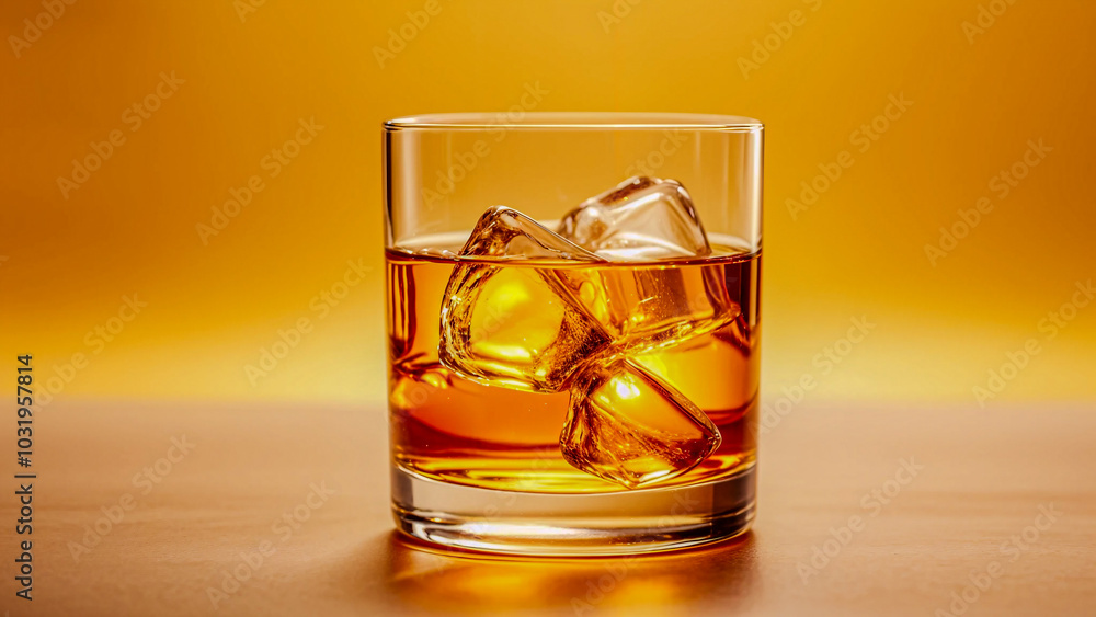 Glass of whiskey with ice cubes on a warm yellow background Glass of whiskey with ice cubes on a warm yellow background