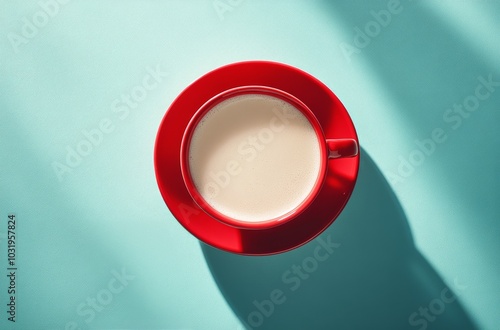 A steaming cup of coffee in a bright red mug on a blue surface showing mornin...