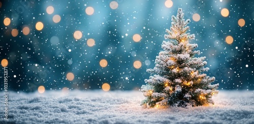 A snow covered Christmas tree adorned with lights shining brightly in a winte...