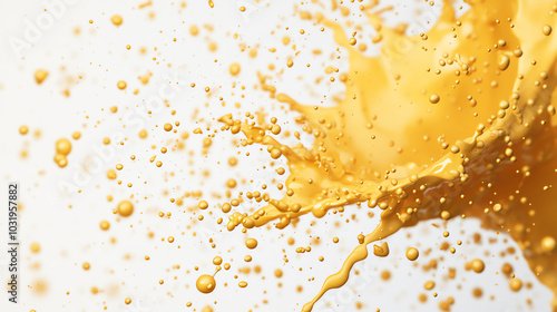 Vibrant yellow juice splash creating a dynamic and energetic visual against a clean white background. photo