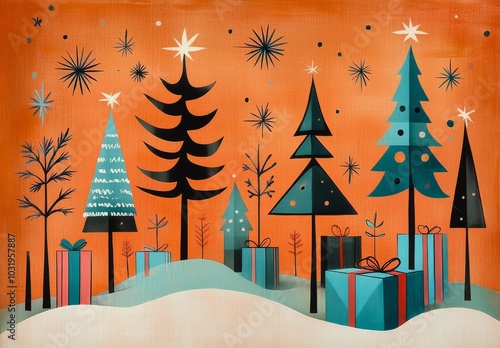 Colorful winter landscape with trees and gifts set against a vibrant orange b...