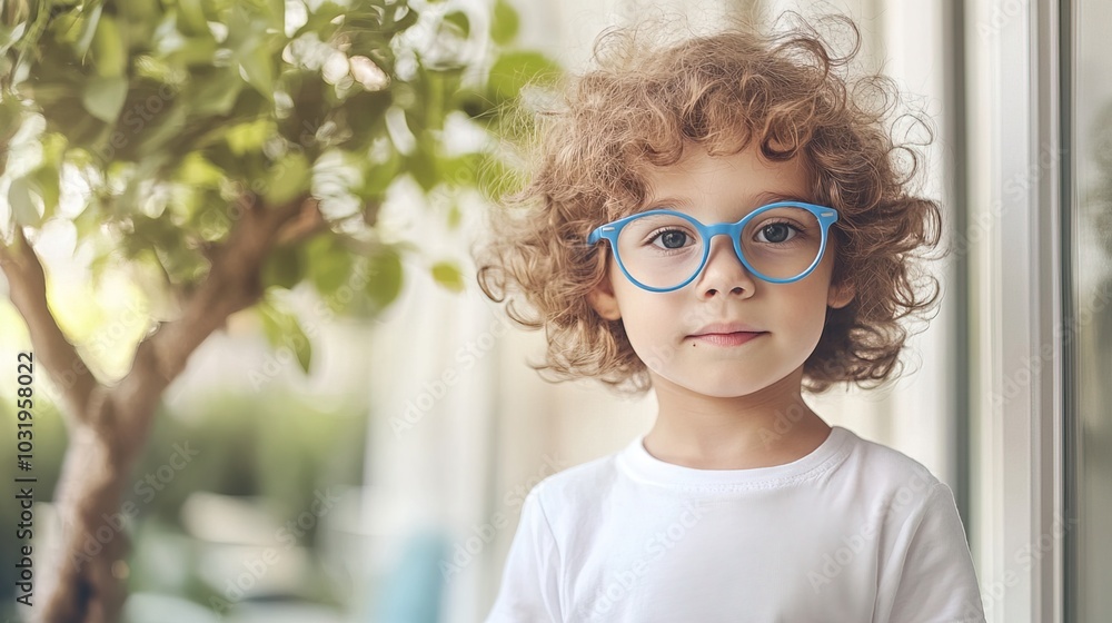Young child wearing blue glasses focusing on distant tree outside window, symbolizing myopia prevention and importance of outdoor activities. Young child wearing blue glasses focusing on distant tree outside window, symbolizing myopia prevention and importance of outdoor activities.