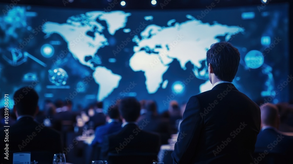 Global business executives attending an international conference, discussing the future of global commerce and business innovation Global business executives attending an international conference, discussing the future of global commerce and business innovation