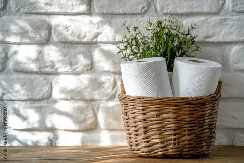 Decorative kitchen setting featuring rolls of paper towels in a woven basket ...