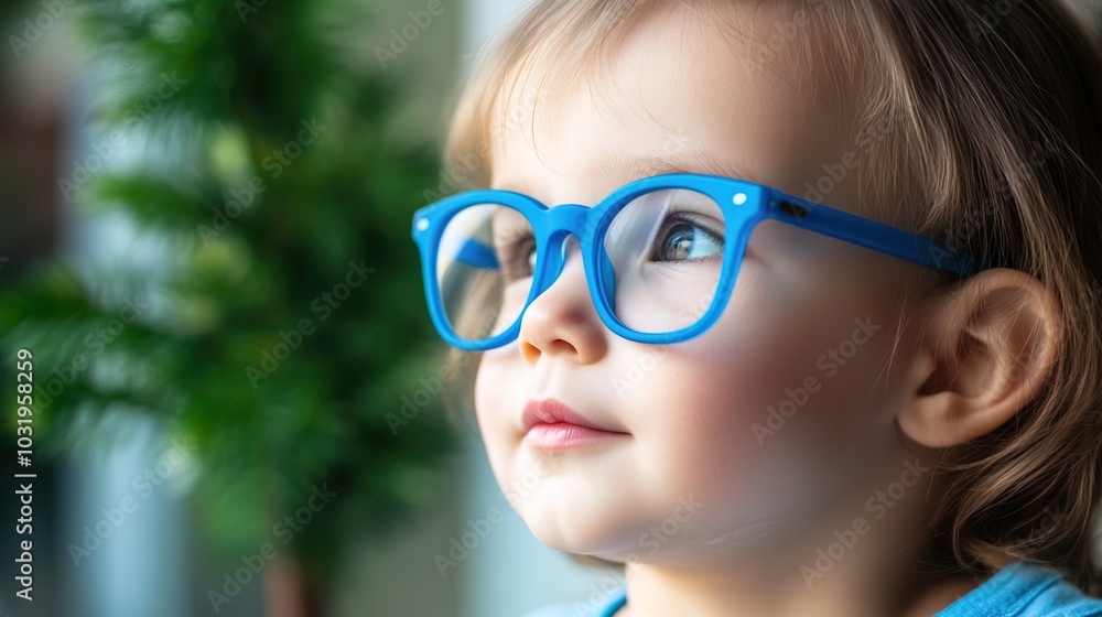 Young child wearing blue glasses focusing on distant tree outside window, symbolizing myopia prevention and importance of outdoor activities. Young child wearing blue glasses focusing on distant tree outside window, symbolizing myopia prevention and importance of outdoor activities.