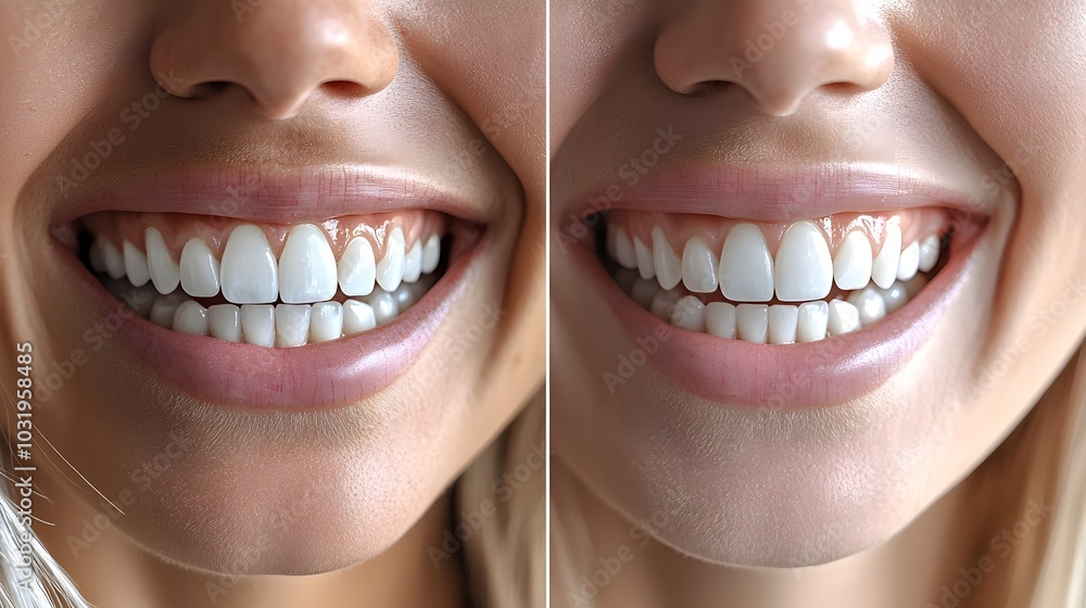 Social media post showing before-and-after teeth whitening results, comparing dull, discolored teeth with the sparkling, white smile achieved immediately after treatment Social media post showing before-and-after teeth whitening results, comparing dull, discolored teeth with the sparkling, white smile achieved immediately after treatment