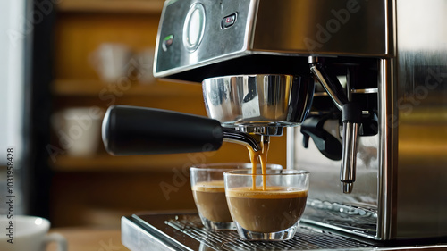 Espresso poruing from coffee machine at cafe photo